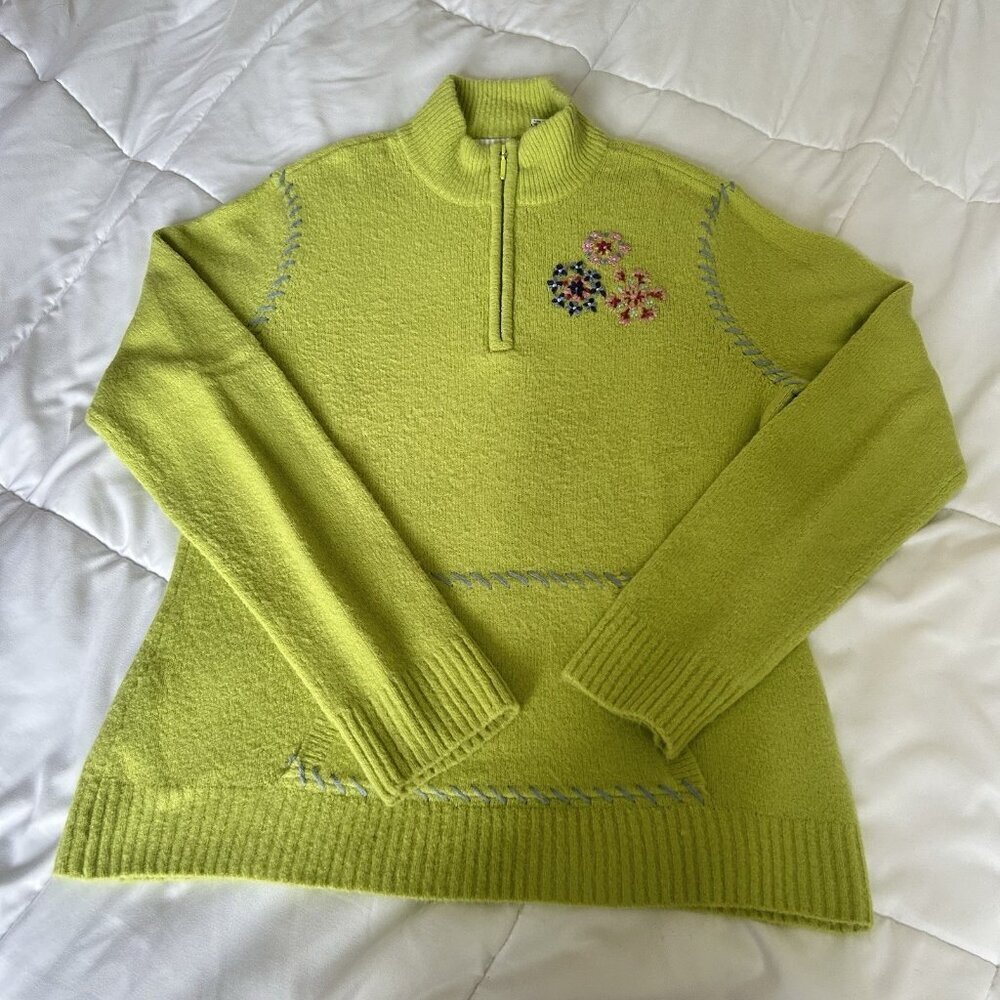 White Stag 1/4 Zip Up Womens Large‎ L Green Floral Sweater Pullover Soft